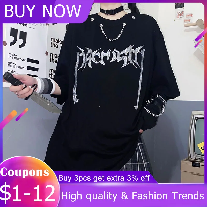 Women Summer Gothic T-Shirt Black Cool Drilling Chain Tops Fashion High Street Loose Casual Tee 2021 Personality Long Shirts
Women Summer Gothic T-Shirt Black Cool Drilling Chain Tops Fashion High Street Loose Casual Tee 2021 Personality Long Shirts