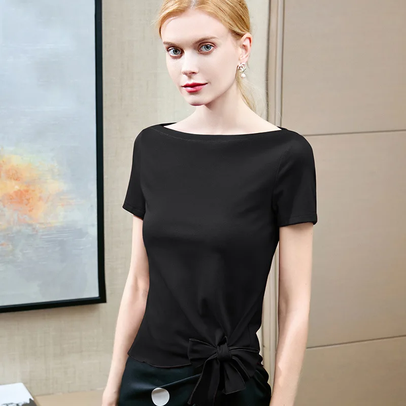 Short sleeve t-shirt female 2021 summer new Korean T-shirt hem bow tie solid color one line collar top female
Short sleeve t-shirt female 2021 summer new Korean T-shirt hem bow tie solid color one line collar top female