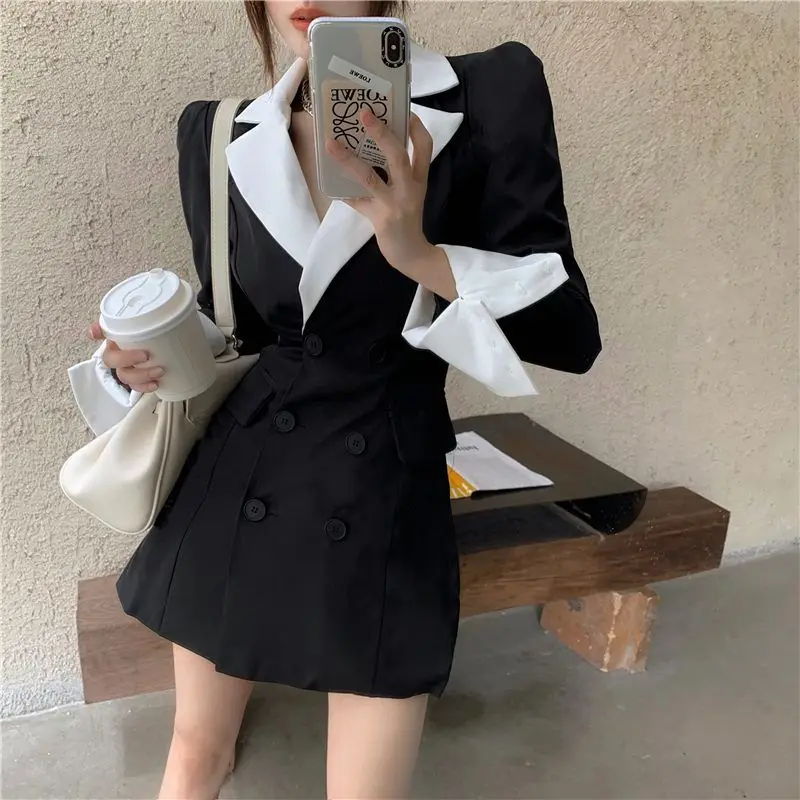 

Fashion Elegant Suit Dress Women Spring Korean Black White Contrast Color Double Breasted Long Sleeve Dresses 2022 new