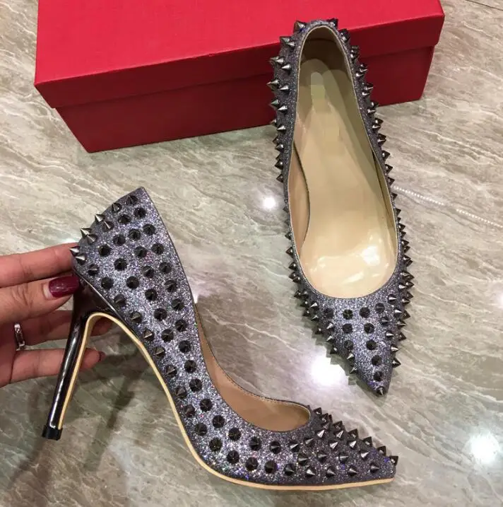 

Nude Patent Leather Rivet Spikes Poined Toes High Heels Shoes Women Lady Genuine Leather Wedding Shoes Pumps Stiletto Heels