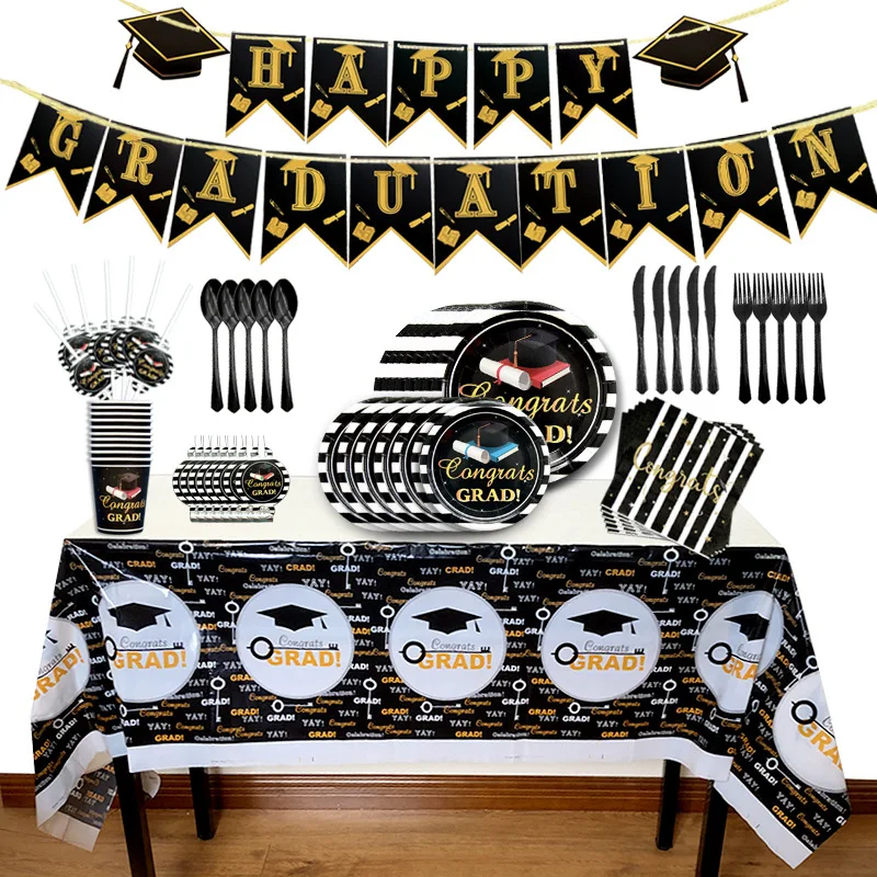 Gold Black Congrats Graduates Theme Disposable Tableware Sets Happy Graduation Party Decorations Supplies Banner Balloons Set
Gold Black Congrats Graduates Theme Disposable Tableware Sets Happy Graduation Party Decorations Supplies Banner Balloons Set