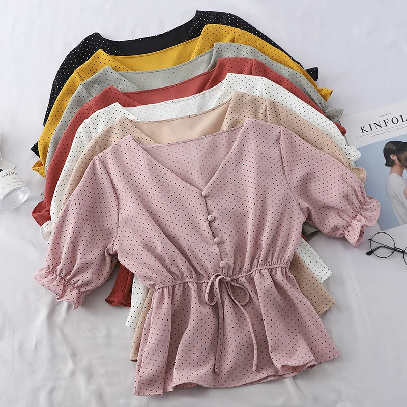 Chic Women Chiffon Shirt Kawaii Polka Dot Butterfly Sleeve Summer Shirt 2019 Korean Casual V-Neck Ladies Button Lace Up Shirt
Chic Women Chiffon Shirt Kawaii Polka Dot Butterfly Sleeve Summer Shirt 2019 Korean Casual V-Neck Ladies Button Lace Up Shirt