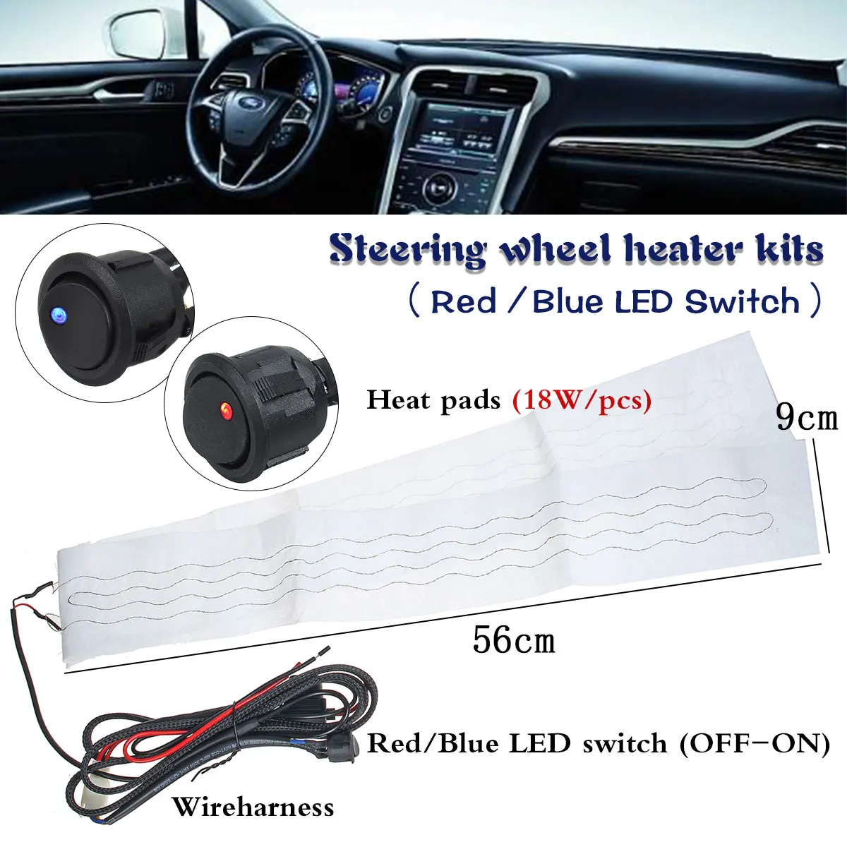 Universal Car Front Flocking Cloth Steering Wheel Heater Kits Car Heat Pads Car Heater Blue/Red Light Switch 56cm x 9cm
Universal Car Front Flocking Cloth Steering Wheel Heater Kits Car Heat Pads Car Heater Blue/Red Light Switch 56cm x 9cm