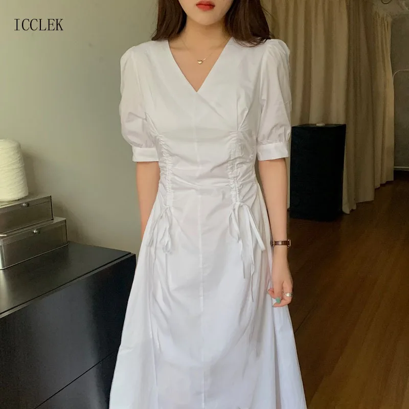 French Elegant V-Neck Tie Waist Slim Puff Sleeve Midi White 2021 New Summer Korean One-Piece Women's Casual Ladies Office Dress
French Elegant V-Neck Tie Waist Slim Puff Sleeve Midi White 2021 New Summer Korean One-Piece Women's Casual Ladies Office Dress