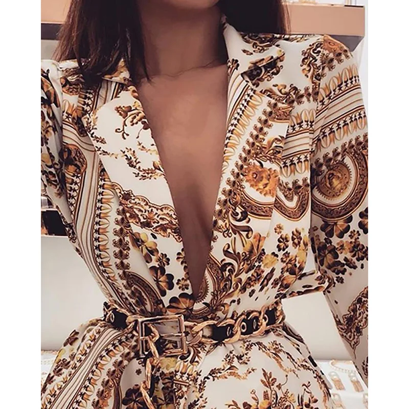 Plunge Colorful Print Long Sleeve Rompers Womens Jumpsuit Sexy Club Party Playsuits Shorts | Женская одежда