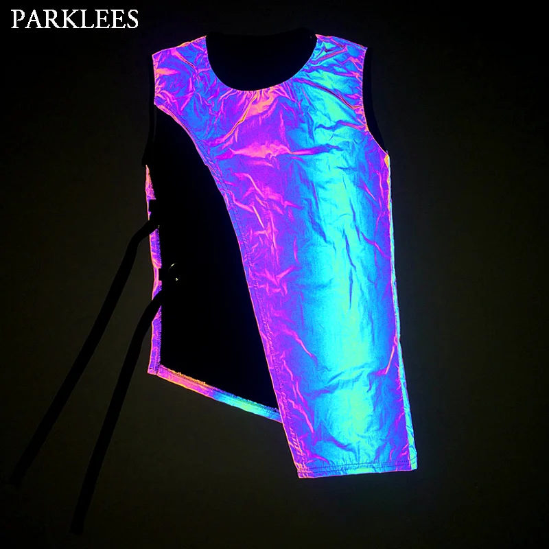 Glow Colorful Reflective Vest Male Hip Hop Night Fluorescent Waistcoat Men Dazzling Harajuku Shiny Belt Outwear Vests Chaleco
Glow Colorful Reflective Vest Male Hip Hop Night Fluorescent Waistcoat Men Dazzling Harajuku Shiny Belt Outwear Vests Chaleco