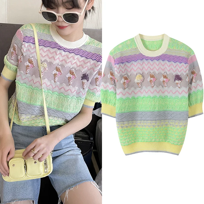 College style jacket thin knit ice cream embroidery pattern short-sleeved colorful ripple pullover round neck women
College style jacket thin knit ice cream embroidery pattern short-sleeved colorful ripple pullover round neck women