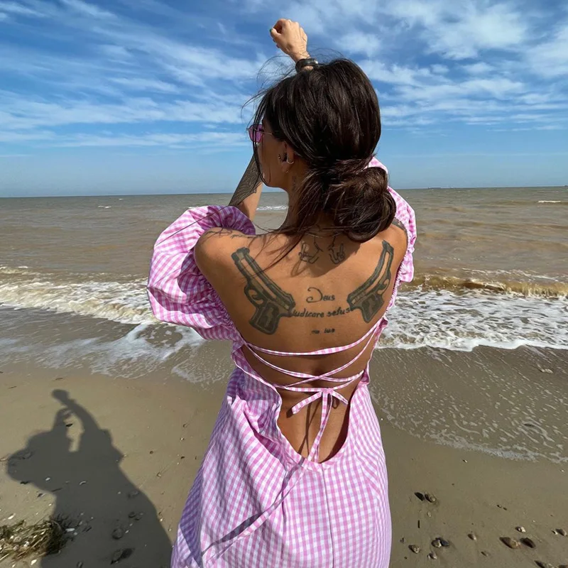 2021 Plaid Elegant Mini Beach Dress Women Chic Puff Sleeve Square Collar Summer Sundress Holiday Birthday Sexy Backless Dresses
2021 Plaid Elegant Mini Beach Dress Women Chic Puff Sleeve Square Collar Summer Sundress Holiday Birthday Sexy Backless Dresses