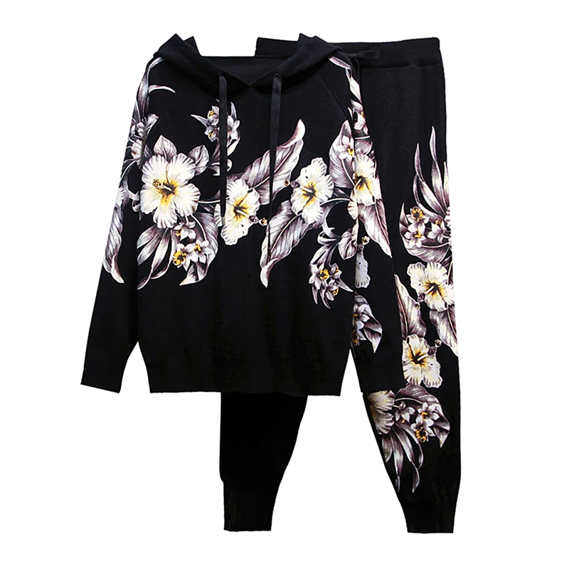 STREET New HIGH Stylish 2021 Runway Suit Set Women's Hooded long sleeve Floral Print Sweater Pants Set