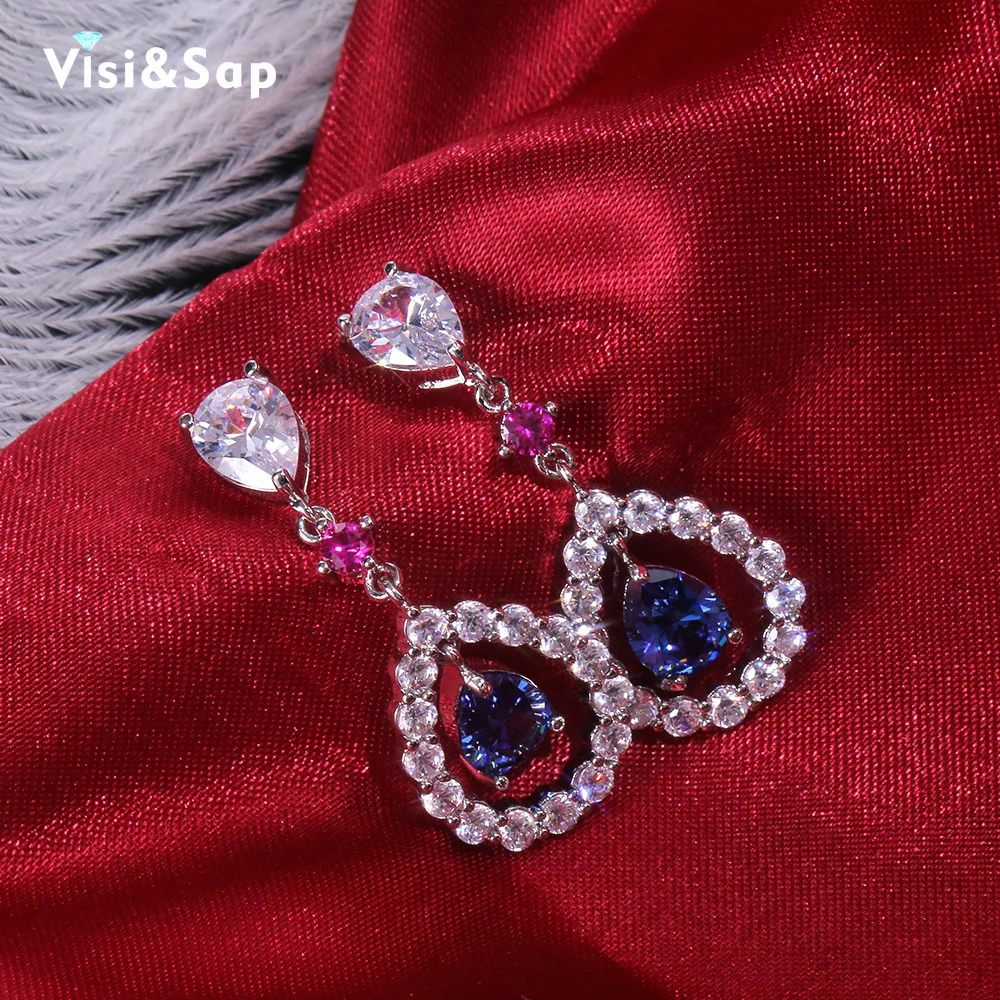 Visisap Стильный Темперамент Длинная водяная капля Синий Циркон Длинные Висячие