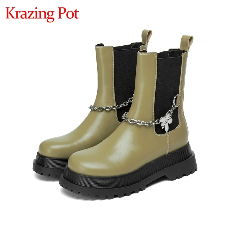 

Krazing Pot cow leather winter Chelsea boots green design round toe waterproof high heels metal flowers fastener ankle boots l27