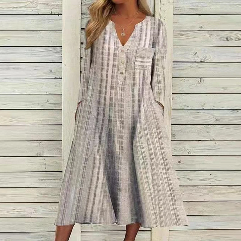 Loose Women Dress 2021 Autumn Fashion Long-sleeved V Neck Ladies Maxi Dress Vintage Stripe Printed Elegant Party Dresses Vestido
Loose Women Dress 2021 Autumn Fashion Long-sleeved V Neck Ladies Maxi Dress Vintage Stripe Printed Elegant Party Dresses Vestido