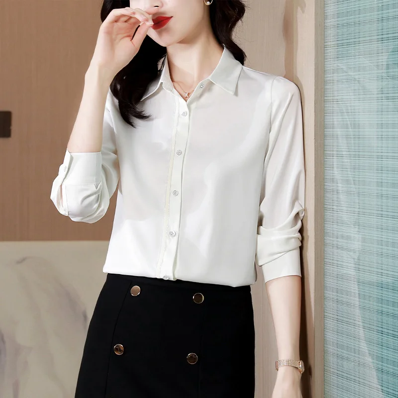 Women's Shirt Solid Satin Button Elegant Women Clothing White Polo Neck Long Sleeve Ladies Tops Female Splicing Basic Shirts OL
Women's Shirt Solid Satin Button Elegant Women Clothing White Polo Neck Long Sleeve Ladies Tops Female Splicing Basic Shirts OL