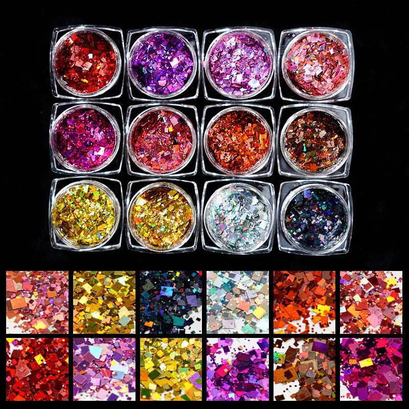 12Colors Four Corners Square Sequins1mm/2mm/3mm Mix PET Ultra thin Nail Glitter Powder For Makeup/Body/Eye/Hair/Nail Glitter Art 
12Colors Four Corners Square Sequins1mm/2mm/3mm Mix PET Ultra thin Nail Glitter Powder For Makeup/Body/Eye/Hair/Nail Glitter Art