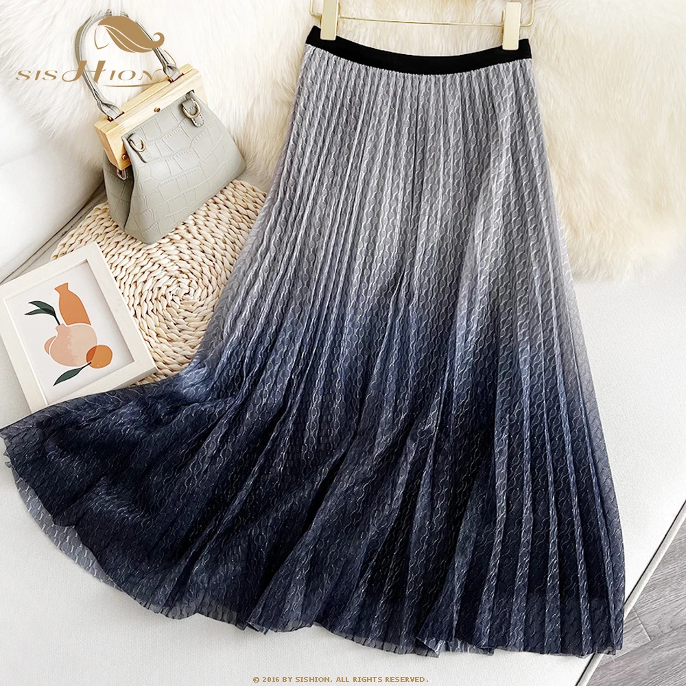 

SISHION Gradient Blue Coffee Pleated Skirt Drape Mesh 2022 Spring Retro Fashion Bright Silk Luster Tulle Skirt SP1812