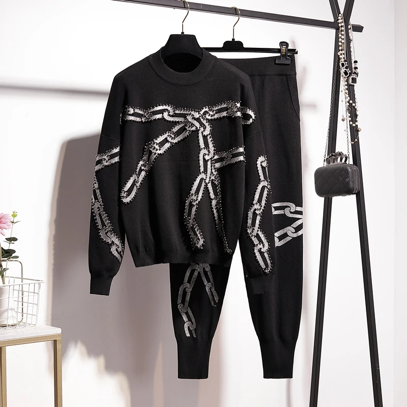 Black Manual Beaded Chain Printing Women Knitted Tracksuit Outfits Casual O Neck Pullover Pencil Pants Female Casual Knit Sets
Black Manual Beaded Chain Printing Women Knitted Tracksuit Outfits Casual O Neck Pullover Pencil Pants Female Casual Knit Sets