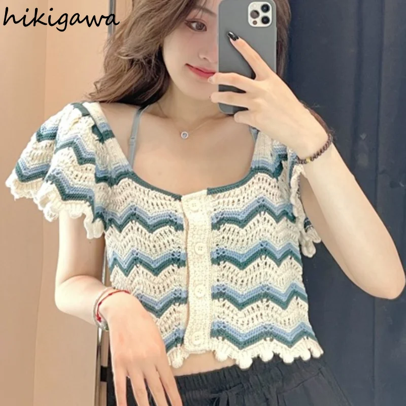 Hikigawa Cardigan T-shirt Fashion Short Sleeve Hollow Out Striped T Shirt Woman Sweaters Short Slim Knitted Pullover tops
Hikigawa Cardigan T-shirt Fashion Short Sleeve Hollow Out Striped T Shirt Woman Sweaters Short Slim Knitted Pullover tops