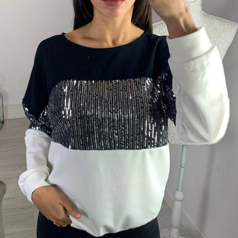 Womens Simple Spliced T-Shirt Fashion Sequins Cold Shoulder Long Sleeve Blouse Ladies Casual Loose Batwing Sleeve Fit
Womens Simple Spliced T-Shirt Fashion Sequins Cold Shoulder Long Sleeve Blouse Ladies Casual Loose Batwing Sleeve Fit