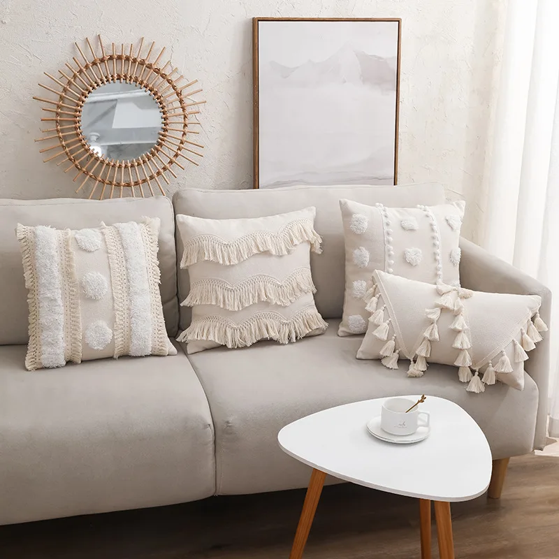 Наволочка Boho с бахромой, плюшевая, круглая, в марокканском стиле, с макраме, для украшения дивана в гостиной.