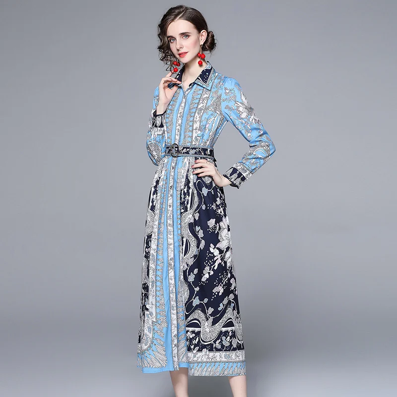 Autumn Runway Blue Contrast Print Flower Shirt Dress Women's Bow Tie Full Sleeve Vintage Belt Long Vestidos k1205
Autumn Runway Blue Contrast Print Flower Shirt Dress Women's Bow Tie Full Sleeve Vintage Belt Long Vestidos k1205