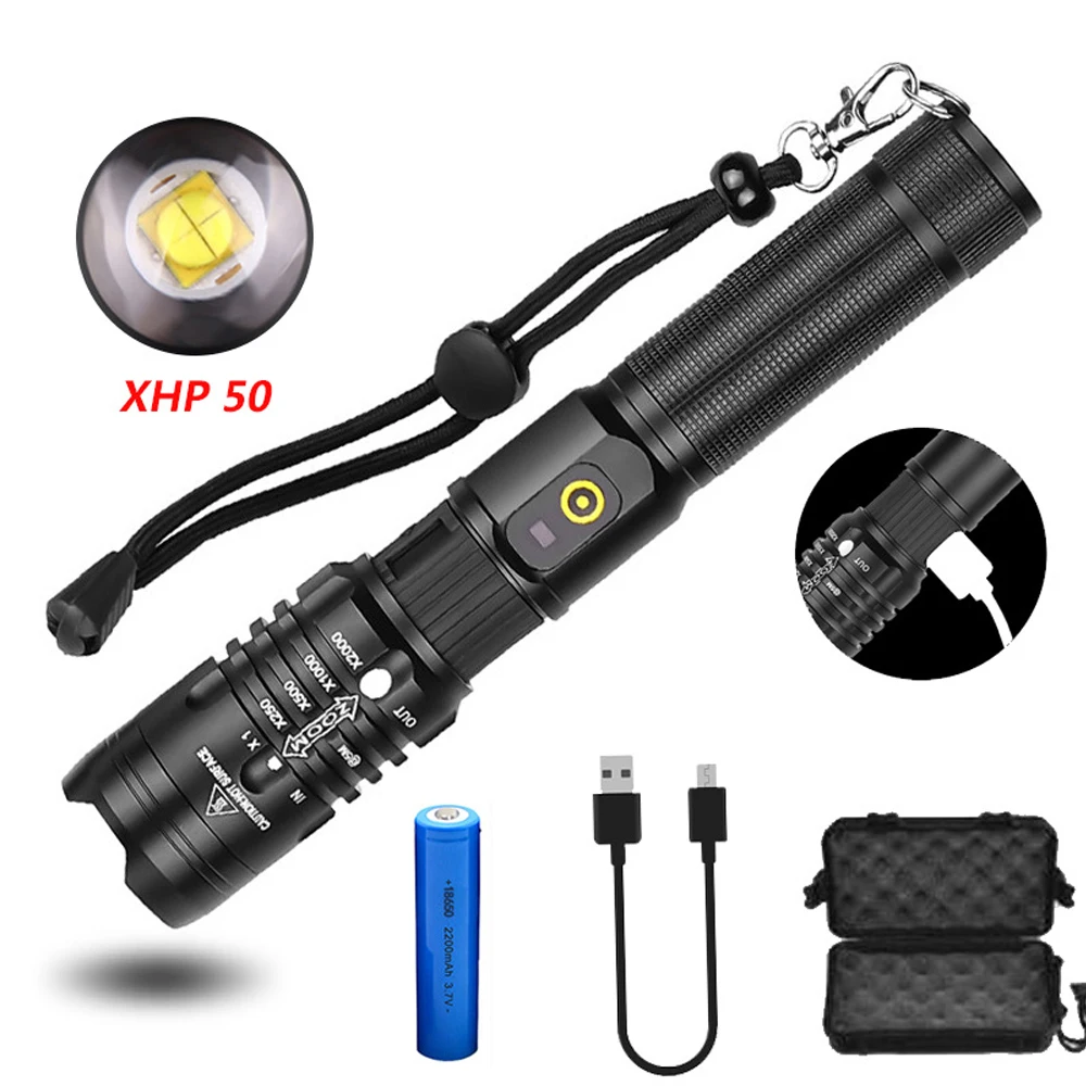 

USB Charging Input and Output XHP50 Glare Flashlight Retractable Focusing Aluminum Alloy Material Waterproof Camping Light