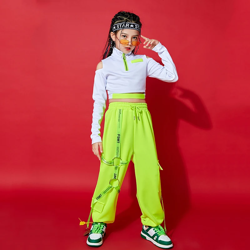 Флуоресцентный зеленый костюм в стиле хип-хоп для девочек джазовая танцевальная