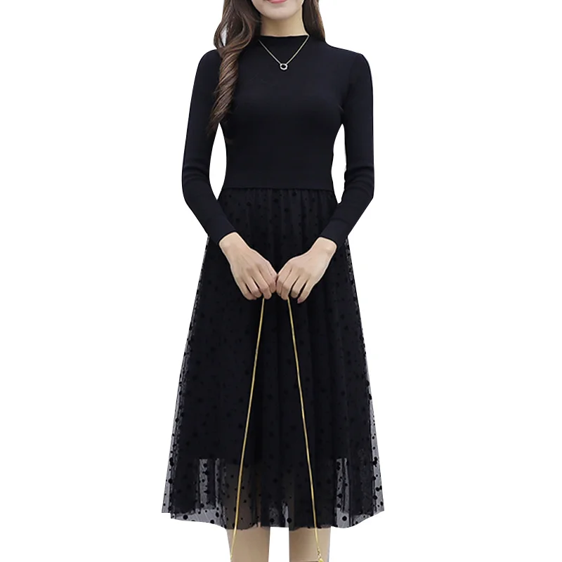 Осенне-зимнее вязаное платье женское длинное платье-свитер выше колена черное