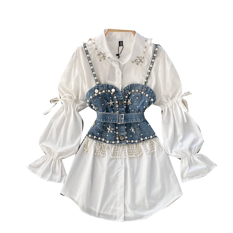 Spring 2021 New Blouse Women's Diamond Beaded Puff Sleeve Blusa Top Tassel Pearl Sling Waistcoat Two-piece Stacking Shirt 
Spring 2021 New Blouse Women's Diamond Beaded Puff Sleeve Blusa Top Tassel Pearl Sling Waistcoat Two-piece Stacking Shirt