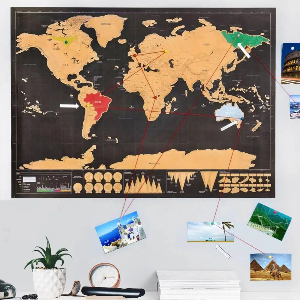 Поцарапайте карту мира размер 11 8x17 дюймов золотой фольгированный слой с постером