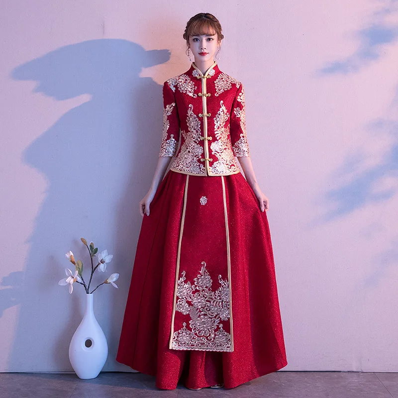 Exquisite Appliques Sequins Trim Chinese Wedding Dresses Bridal Burgundy Banquet Gown Elegant Long Formal Party Dress S-5XL
Exquisite Appliques Sequins Trim Chinese Wedding Dresses Bridal Burgundy Banquet Gown Elegant Long Formal Party Dress S-5XL