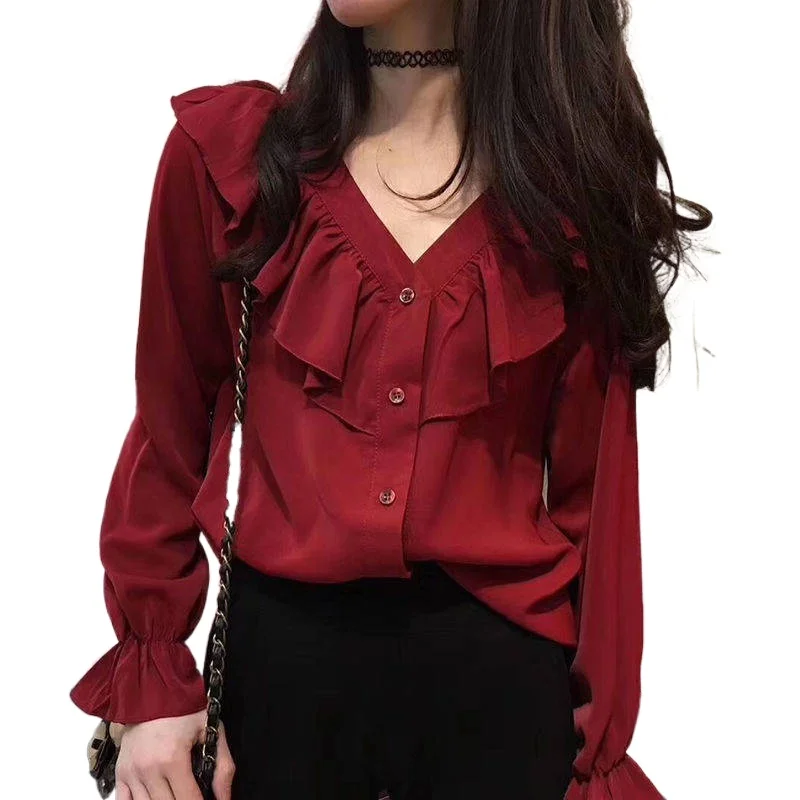 Spring/Autumn 2021 Chiffon Shirts for Women Fashion V-neck Long-sleeved Shirt Female Petal Sleeve Tops for Women High Quality
Spring/Autumn 2021 Chiffon Shirts for Women Fashion V-neck Long-sleeved Shirt Female Petal Sleeve Tops for Women High Quality