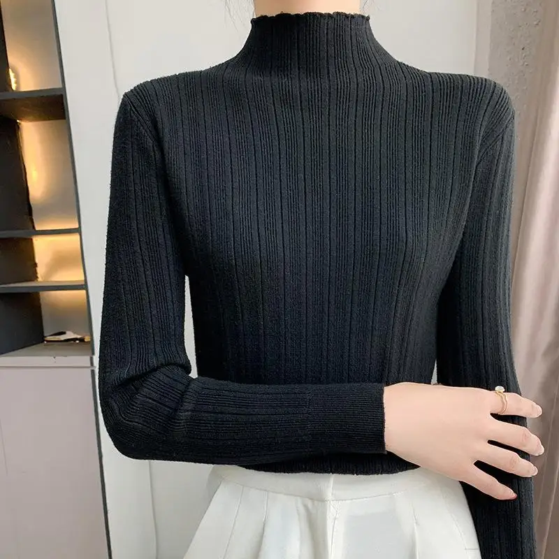 

2021 Winter Knitted Bottoming Shirt Women Vertical Stripes Slim Sweater Women Korean Basic Turtleneck Pullovers Undershirt