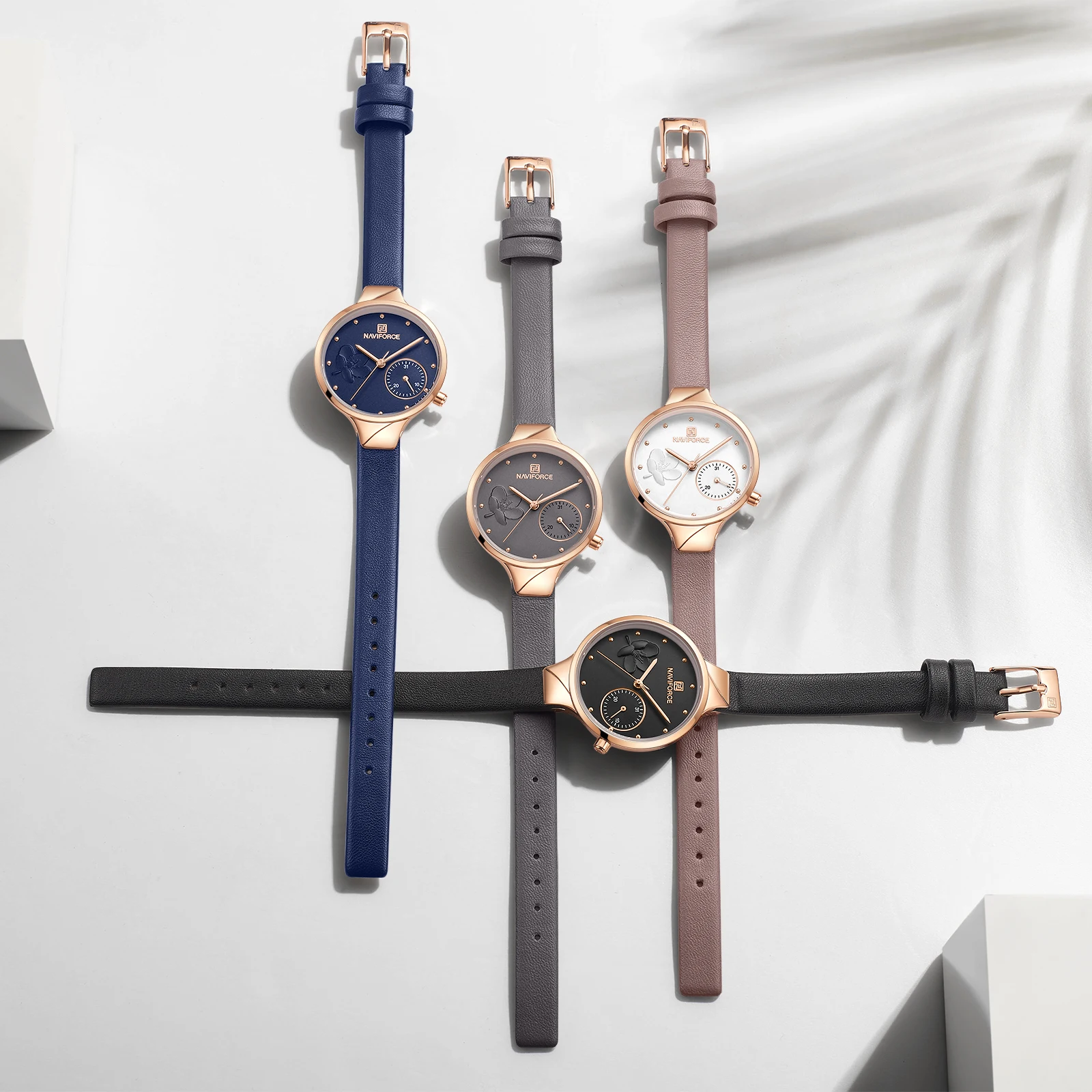 NAVIFORCE женские модные синие кварцевые часы Дамский кожаный ремешок для часов