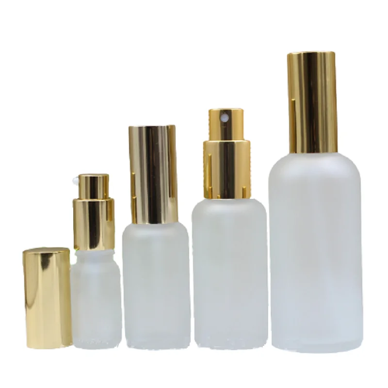 

50pcs Frost Glass Bottle Gold Mist Atomizer Spray Lotion Pump Empty Essential Oil Packaging Vial 100ML 50ML 30ML 20ML 15ML 10ML