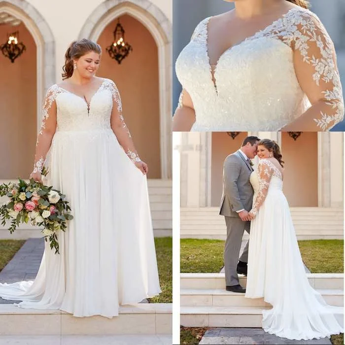 Plus Size A Line Wedding Dresses V Neck Appliques Lace Gowns Illusion Long Sleeve Boho Bridal Dress Vestido Noiva
Plus Size A Line Wedding Dresses V Neck Appliques Lace Gowns Illusion Long Sleeve Boho Bridal Dress Vestido Noiva