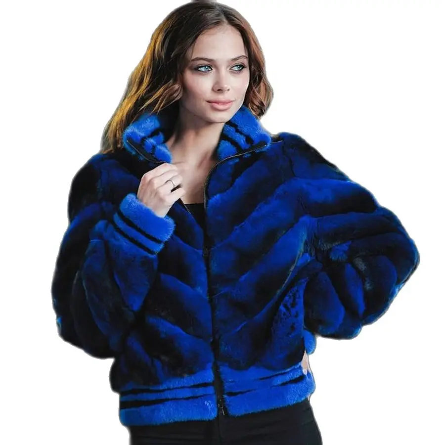 Women Fur Coat Rex Rabbit Fur Jacket With Mink Fur Cuffs And Collar 2021 New Arrival