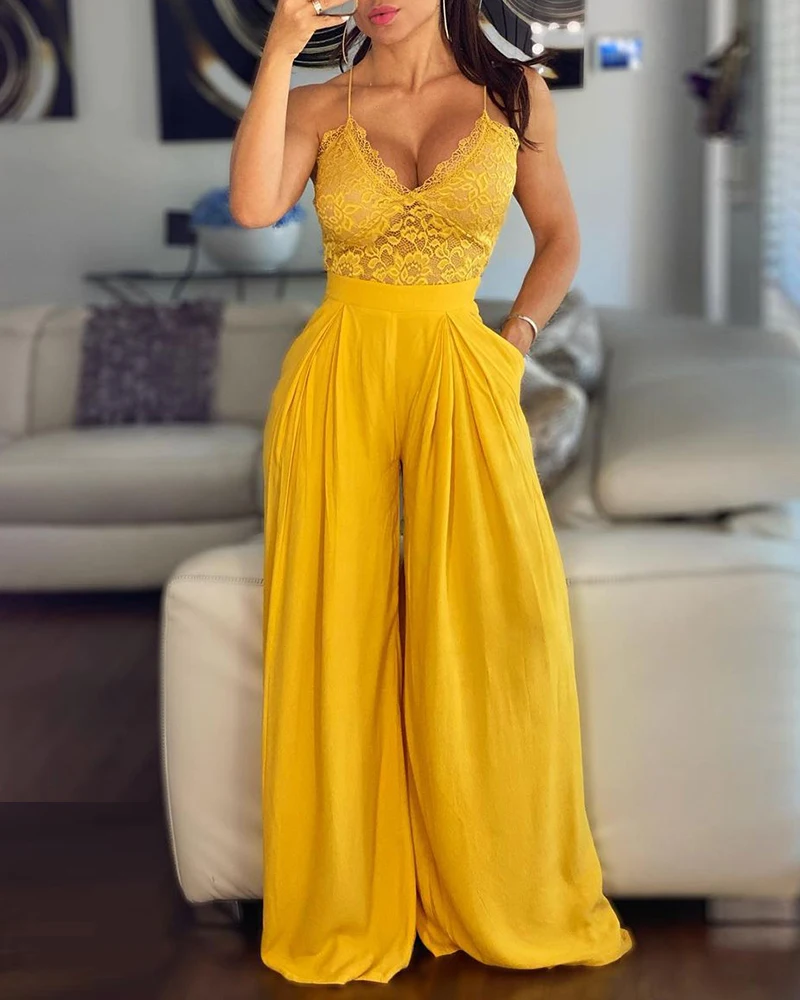 Women Plain Solid Color V-Neck Pocket Design Spaghetti Strap Crochet Lace Wide Leg Jumpsuit Summer One Piece For Female 2021
Women Plain Solid Color V-Neck Pocket Design Spaghetti Strap Crochet Lace Wide Leg Jumpsuit Summer One Piece For Female 2021