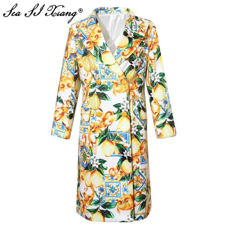 Seasixiang Fashion Designer Autumn Coat Women Turn-down Collar Long Sleeve Beading lemon Print Double Breasted Outwear Overcoat
Seasixiang Fashion Designer Autumn Coat Women Turn-down Collar Long Sleeve Beading lemon Print Double Breasted Outwear Overcoat