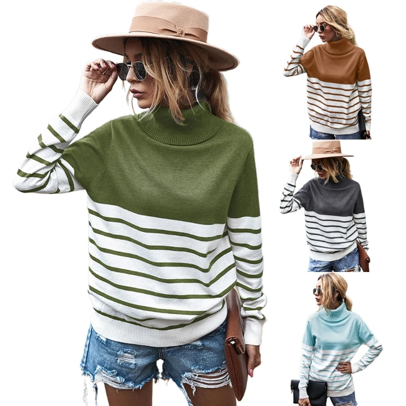 Women Autumn Long Sleeve Knitted Sweater Turtleneck Color Block Stripes Pullover Tops Casual Loose Ribbed Trim Jumper
Women Autumn Long Sleeve Knitted Sweater Turtleneck Color Block Stripes Pullover Tops Casual Loose Ribbed Trim Jumper