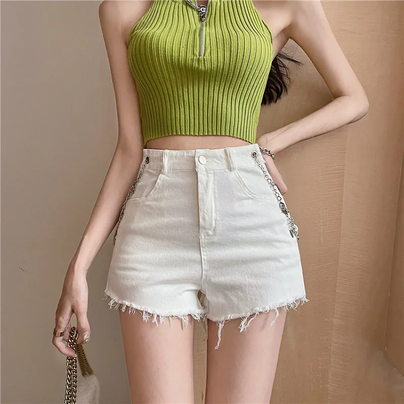 Denim Shorts Women Sexy Cross Chain Shorts 2022 New Fashion Ladies Tassel Hole High Waist Summer Denim Shorts White/Black
Denim Shorts Women Sexy Cross Chain Shorts 2022 New Fashion Ladies Tassel Hole High Waist Summer Denim Shorts White/Black