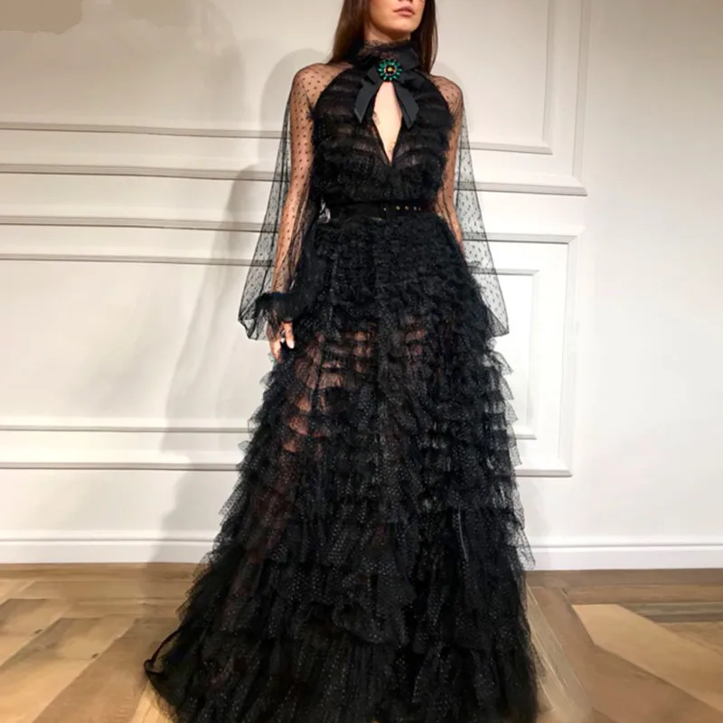 Black Muslim Evening Dresses A-line Long Sleeves Tulle Tiered Dubai Saudi Arabic Long Evening Gown Prom Dress
Black Muslim Evening Dresses A-line Long Sleeves Tulle Tiered Dubai Saudi Arabic Long Evening Gown Prom Dress