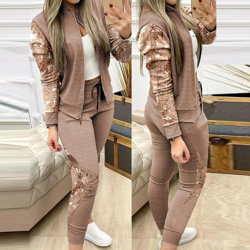 Autumn Winter Two Piece Outfits for Women Fashion Sequins Zipper Coat Tops Drawstring Pants Set Casual Tracksuit Sweat Suits
Autumn Winter Two Piece Outfits for Women Fashion Sequins Zipper Coat Tops Drawstring Pants Set Casual Tracksuit Sweat Suits