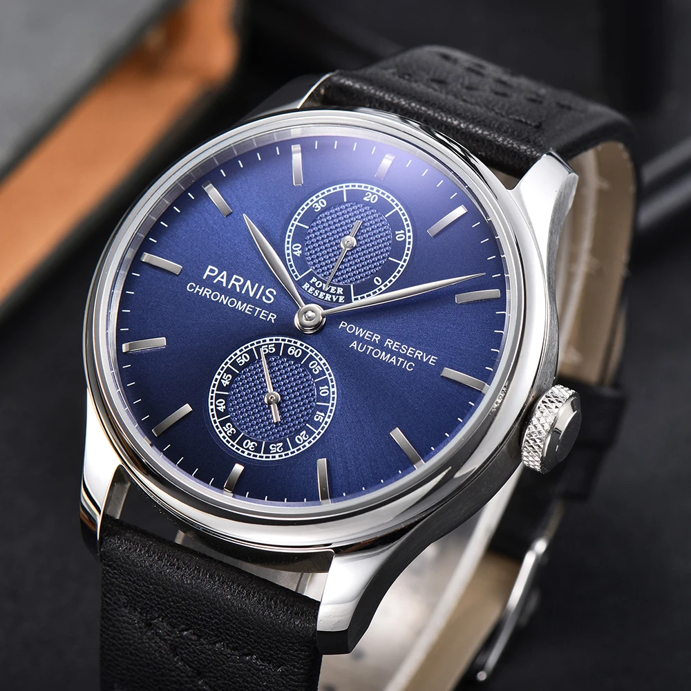 Parnis 43mm Blue Dial Automatic Men's Watch Power Reserve Mechanical Watches Black Leather Strap Men Watch Top Brand Luxury 2020
Parnis 43mm Blue Dial Automatic Men's Watch Power Reserve Mechanical Watches Black Leather Strap Men Watch Top Brand Luxury 2020