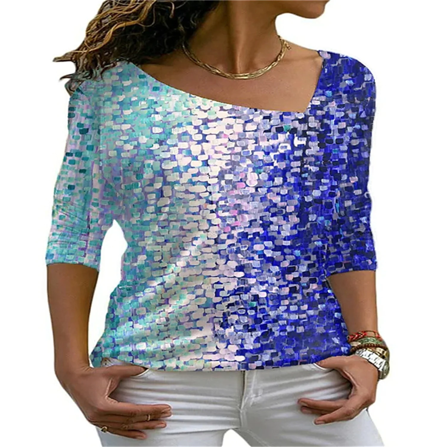Женская приталенная футболка с длинным рукавом V-образным вырезом и 3D-принтом |