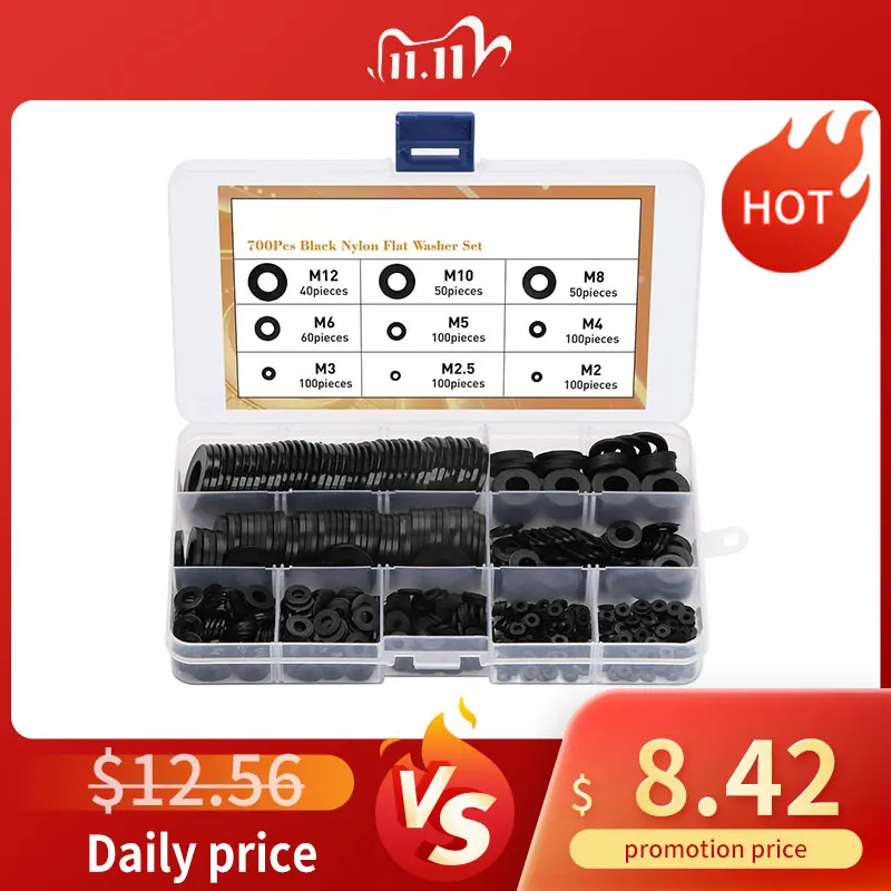 700PCS/Set Nylon Washers Flat Assortment Kit Metric Sealing Spacer Gasket Ring Black M2 M2.5 M3 M4 M5 M6 M8 M10 M12 Washers
700PCS/Set Nylon Washers Flat Assortment Kit Metric Sealing Spacer Gasket Ring Black M2 M2.5 M3 M4 M5 M6 M8 M10 M12 Washers
