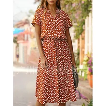 2023 Dress Summer Polka DotLadies Leopard Print Shirt Dress, Bohemian, Mid-length, High Waist, Beachwear, Vacation, Summer