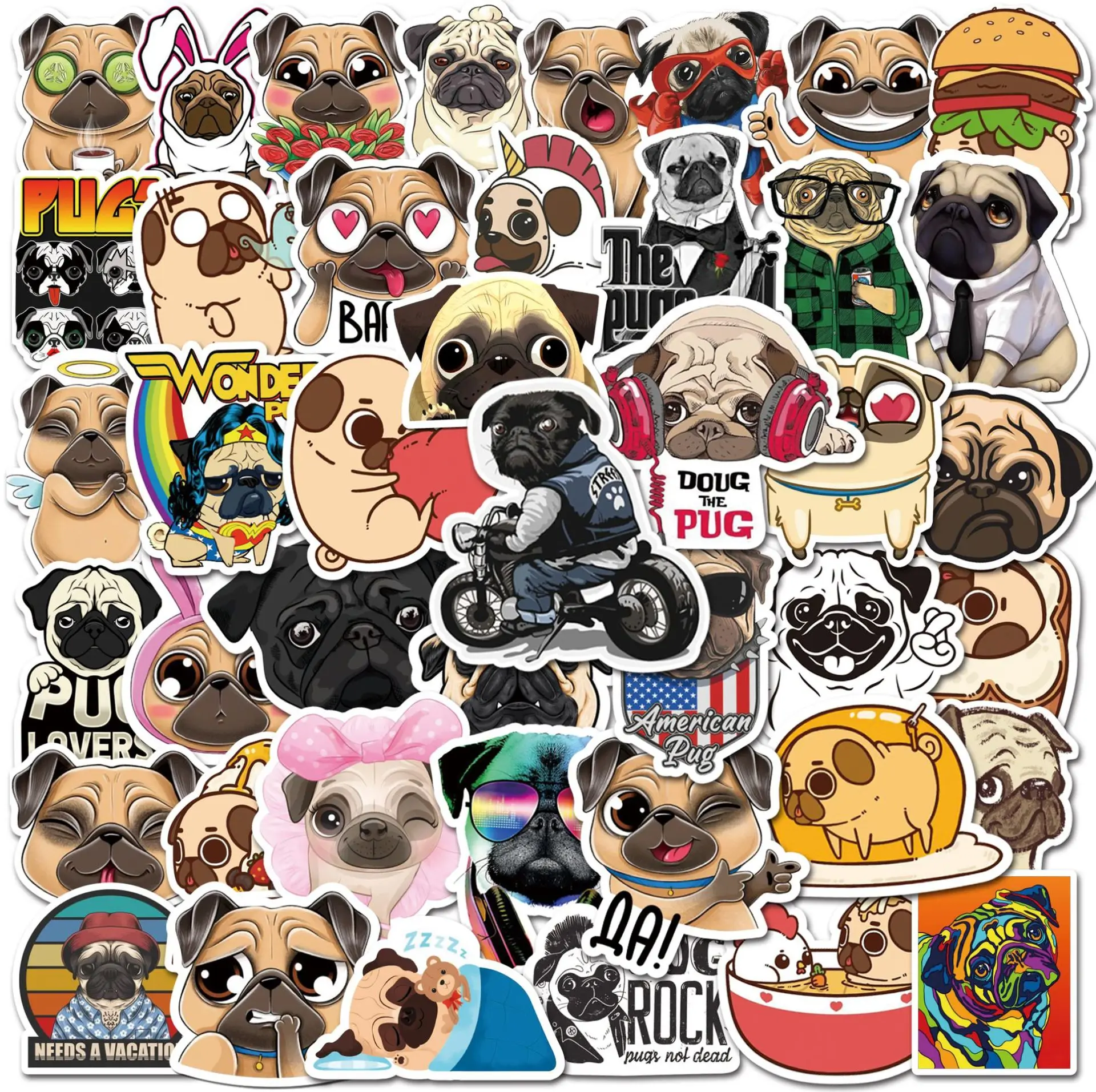 50pcs Cut Pug Dog Stickers Laptop Guitar Luggage Skateboard Phone Waterproof Cool Graffiti Sticker Decal Kid Classic Toys
50pcs Cut Pug Dog Stickers Laptop Guitar Luggage Skateboard Phone Waterproof Cool Graffiti Sticker Decal Kid Classic Toys