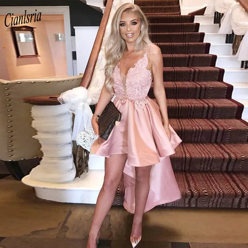 Pink Spaghetti Straps V-Neck High/Low Cocktail Dresses Appliques Lace Sleeveless Satin Short Prom Party Homecoming Dress
Pink Spaghetti Straps V-Neck High/Low Cocktail Dresses Appliques Lace Sleeveless Satin Short Prom Party Homecoming Dress