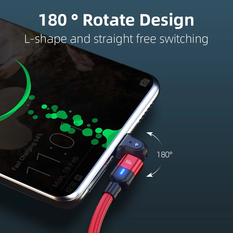 2 в 1 540 вращение PD 60 Вт USB C к кабель для Macbook Pro Samsung Huawei Xiaomi или A Type 3A Быстрая зарядка