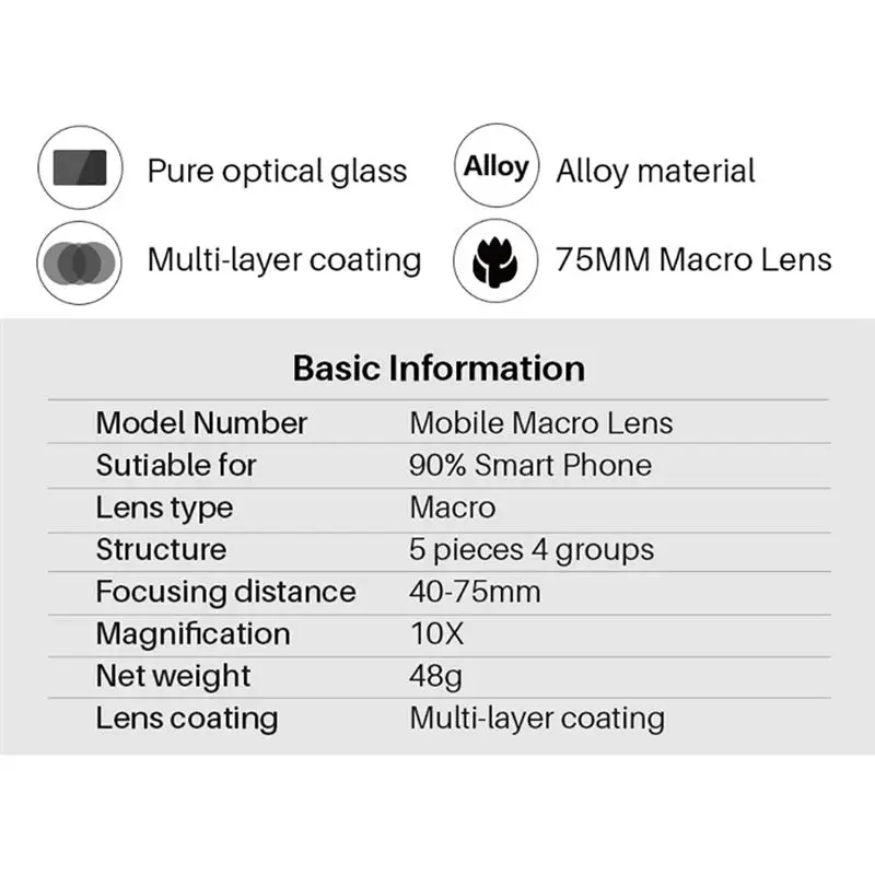 Ulanzi 75mm 10X Phone Macro Lens For iPhone 7/8/X/11Pro Max/12 Mini Pro Max For Samsung Huawei Multi-layer Coating Camera Lens
Ulanzi 75mm 10X Phone Macro Lens For iPhone 7/8/X/11Pro Max/12 Mini Pro Max For Samsung Huawei Multi-layer Coating Camera Lens